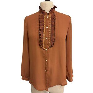 Vintage Burnt Orange Button-Up Blouse With Ruffled Collar Embroidered Trim, Fund